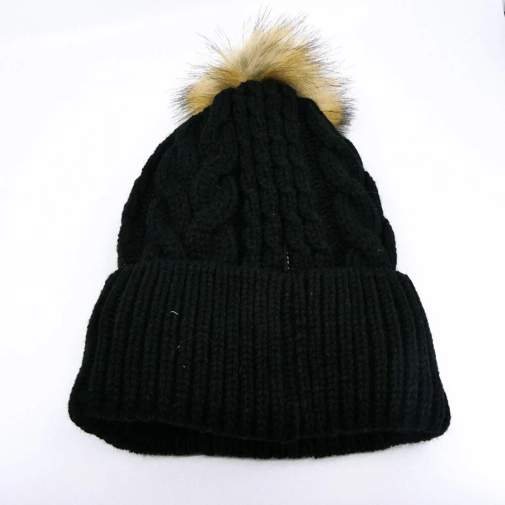 Cable Knit Winter‎ Hat Womens One Size Black Preppy Cap Locale Outdoor Pom Sport